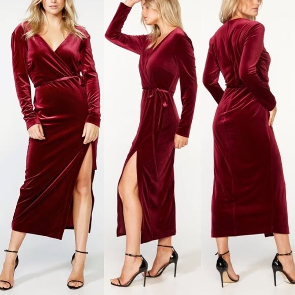 NEW Bardot Morgan Velvet Midi Dress in Burgundy Size 8 Slit Holiday No Belt $119 - Picture 1 of 16